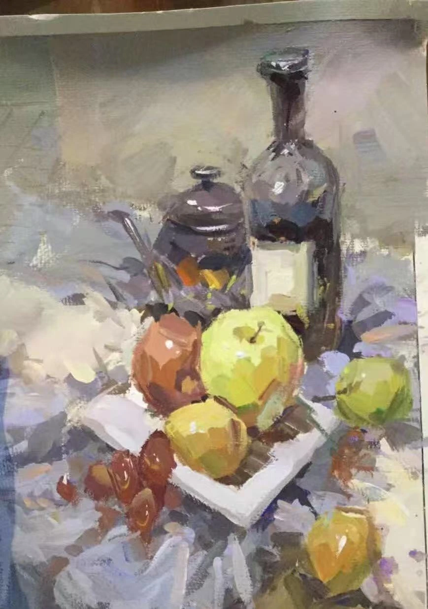 Colour painting study of fruit and bottles