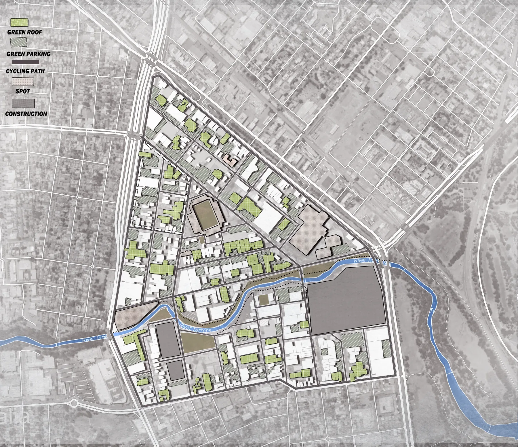 Urban master plan integrating green roofs, open space, movement networks and the River Torrens