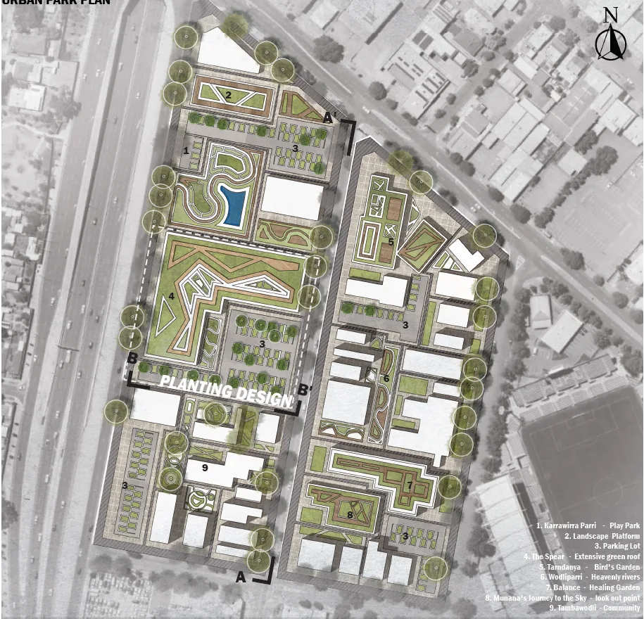 Detailed public realm plan combining planting, play, gathering and movement spaces