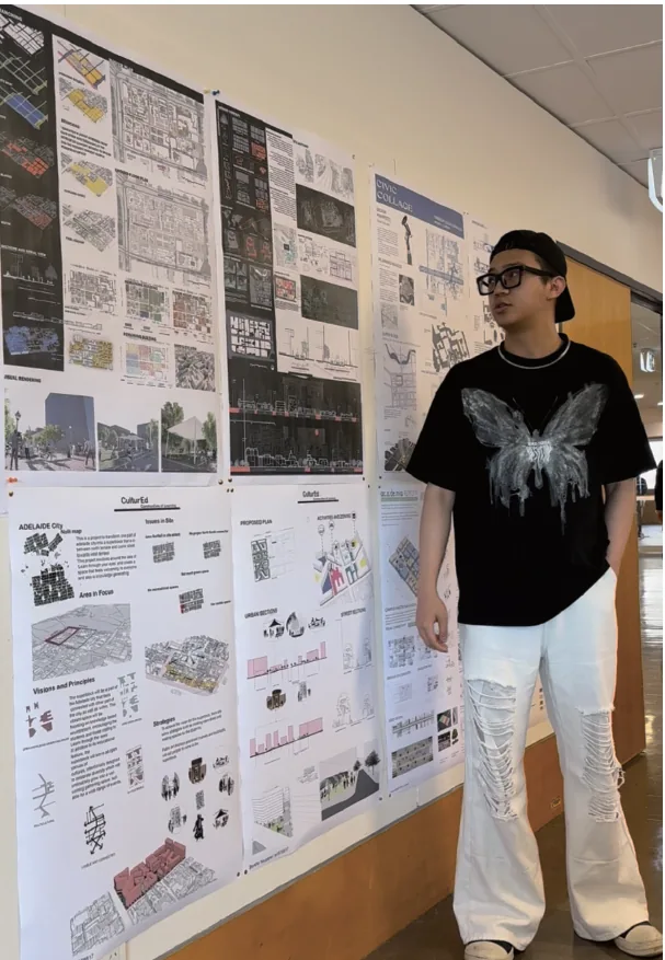 Haomin Yang presenting landscape architecture work during a university studio review