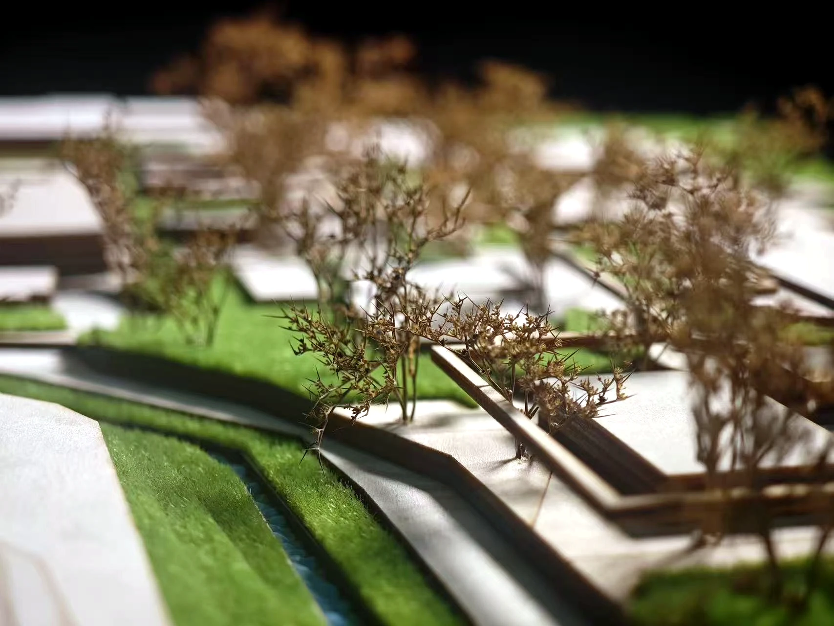 Close detail of physical model planting structure and channels