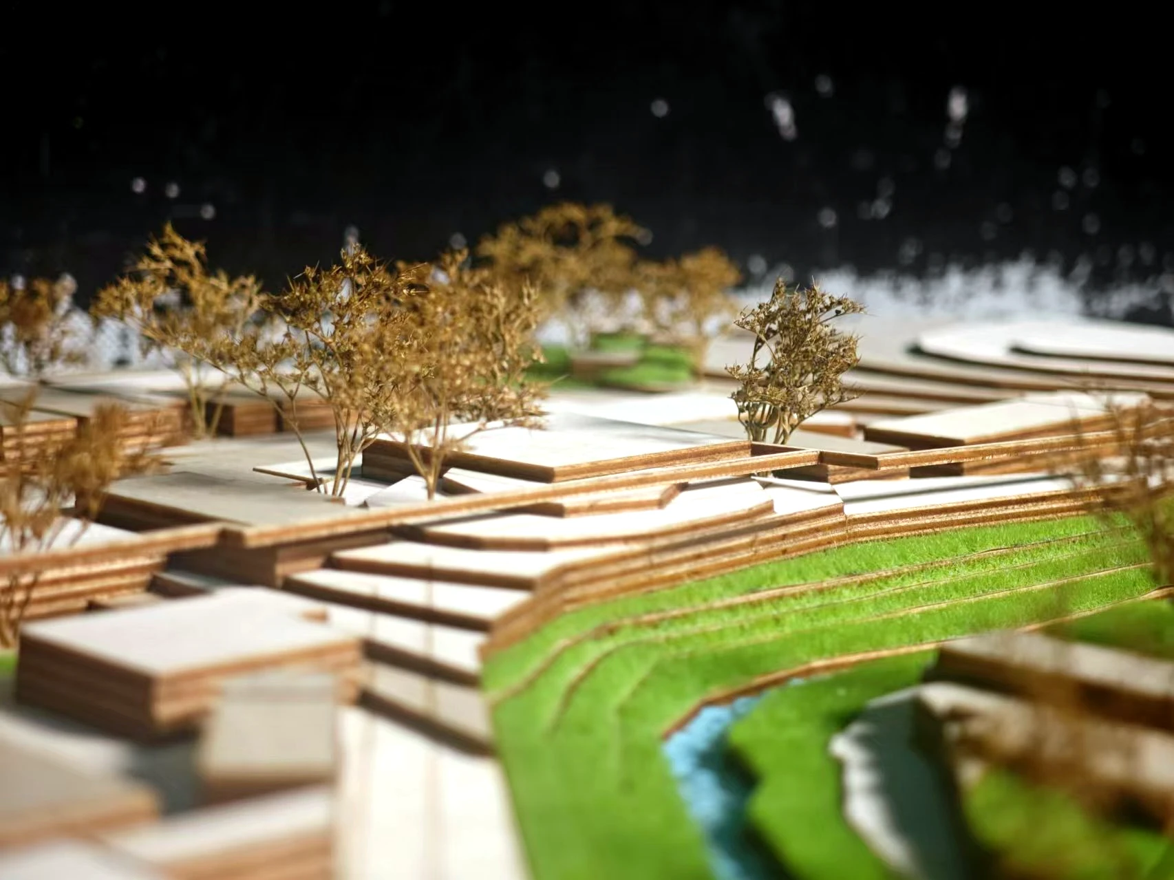 Physical model detail showing terraced landform and water edge