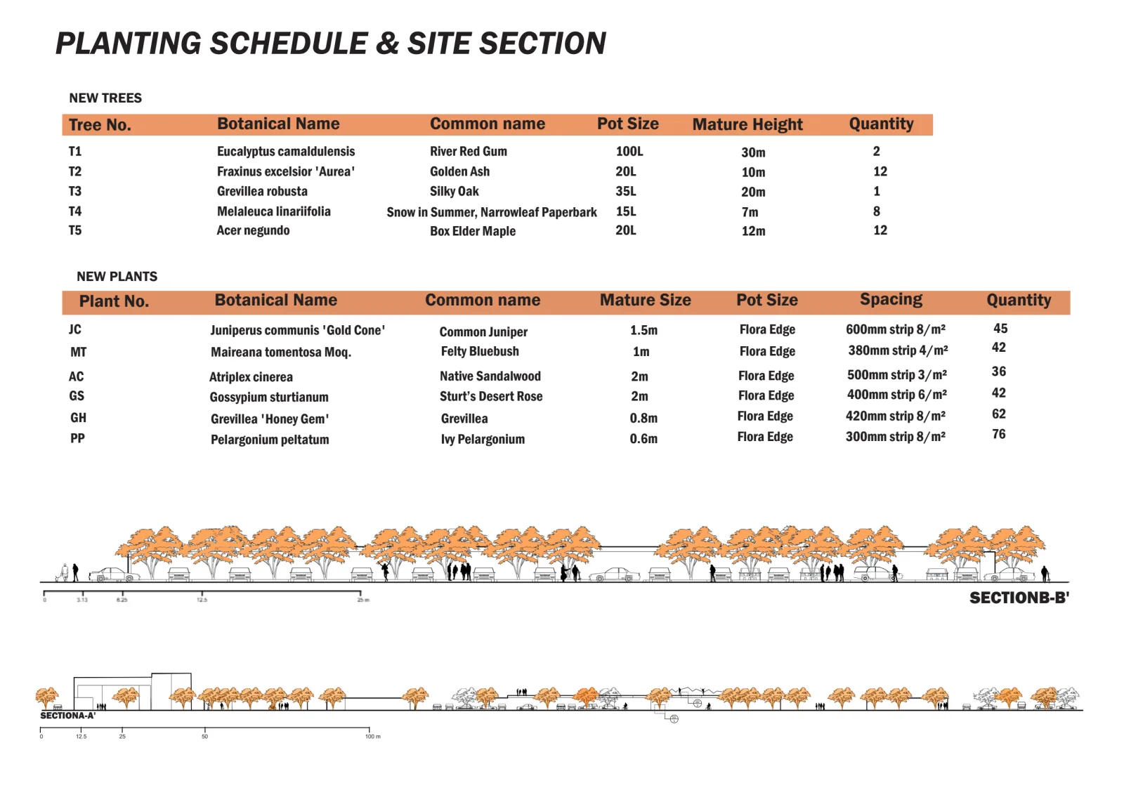 Complete planting schedule and site sections